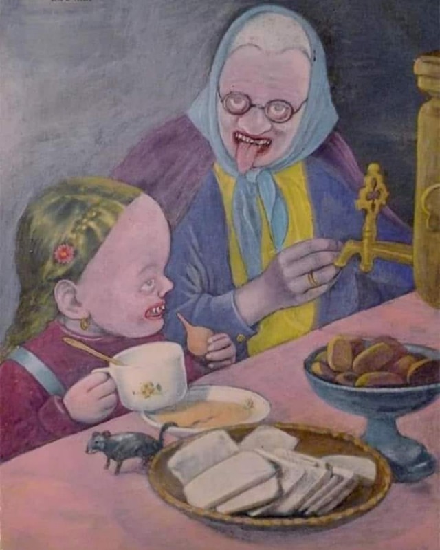 Бабушка и Машенька пьют чай