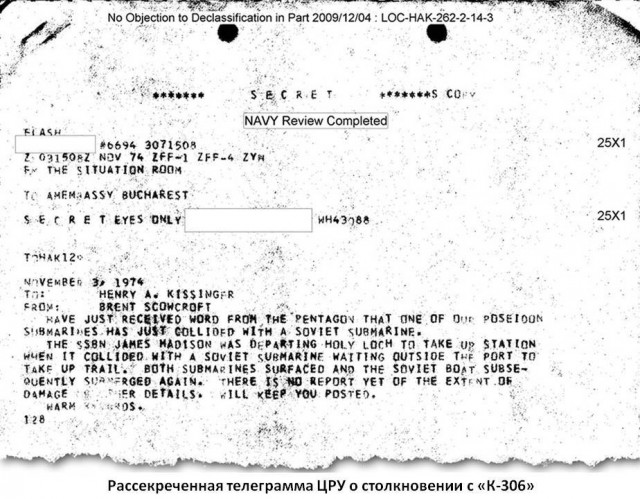 Столкновение АПЛ К-306 с американской АПЛ "Джеймс Медиссон" осенью 1974 года