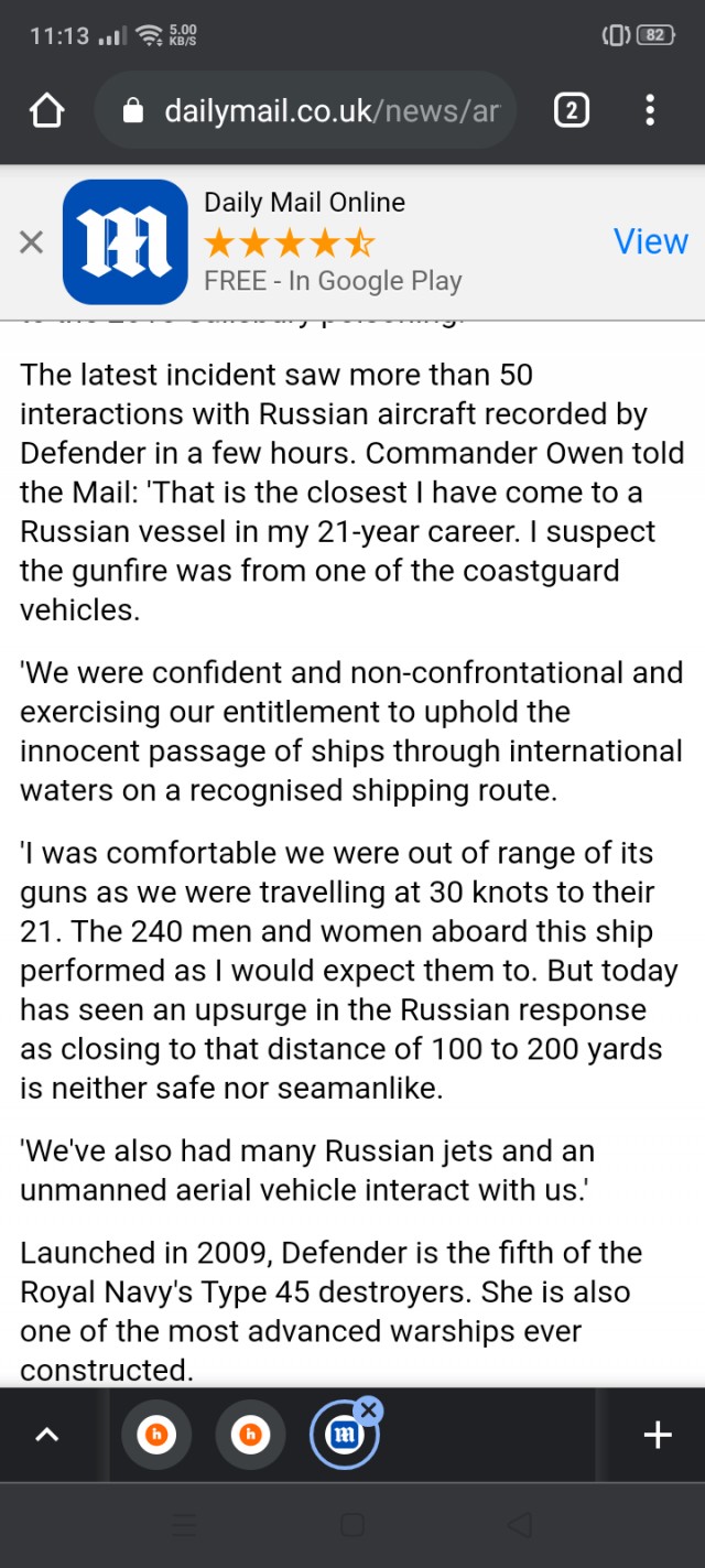 Капитан британского эсминца Defender Винсент Оуэн заявил газете Daily Mail, что российское судно береговой охраны открывало предупредительный огонь в ходе инцидента в Чёрном море