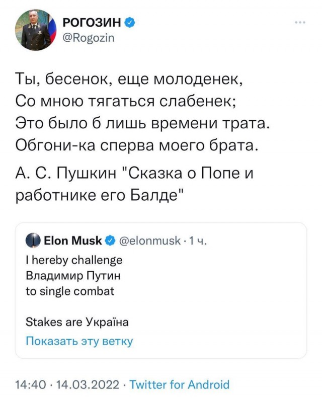 Американский миллиардер Илон Маск заявил, что вызывает президента РФ Владимира Путина на поединок, а ставкой будет Украина