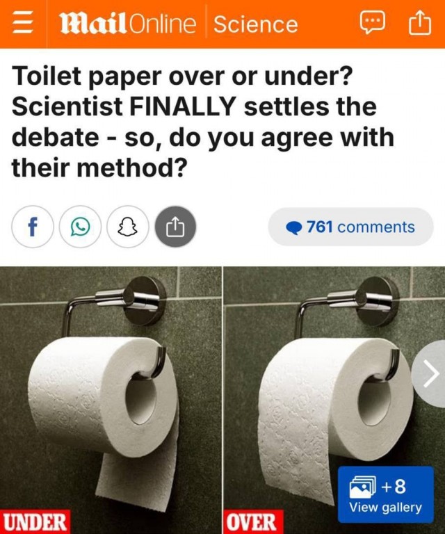 Вечный баттл решён: туалетная бумага должна висеть в сторону стены!
