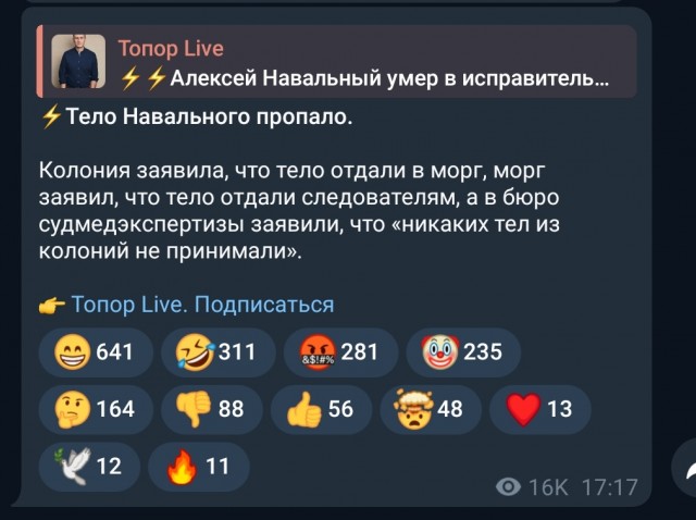 ⚡️ Алексей Навальный умер в исправительной колонии «Полярный волк» в посёлке Харп