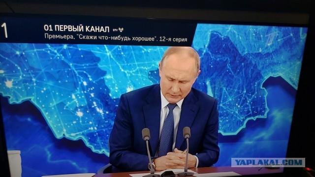 Фото от РИА Новости, как простые россияне и их кот внимательно слушают своего президента