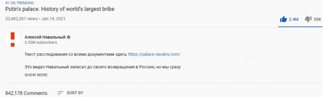 Расследование Навального о дворце Путина вошло в тренды ютуба почти всех европейских стран