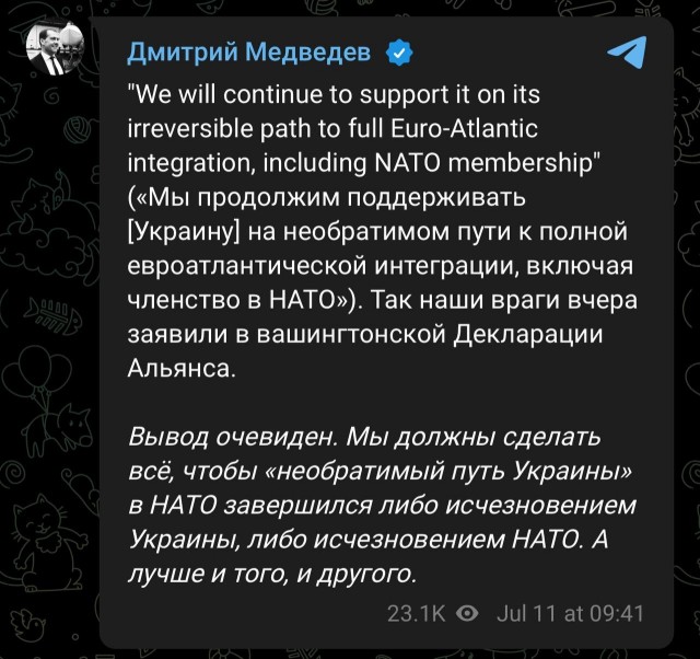 Медведев угрожает НАТО в телеграм