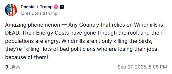 Трамп: Удивительное явление — любая страна, использующая ветряные мельницы, МЕРТВА
