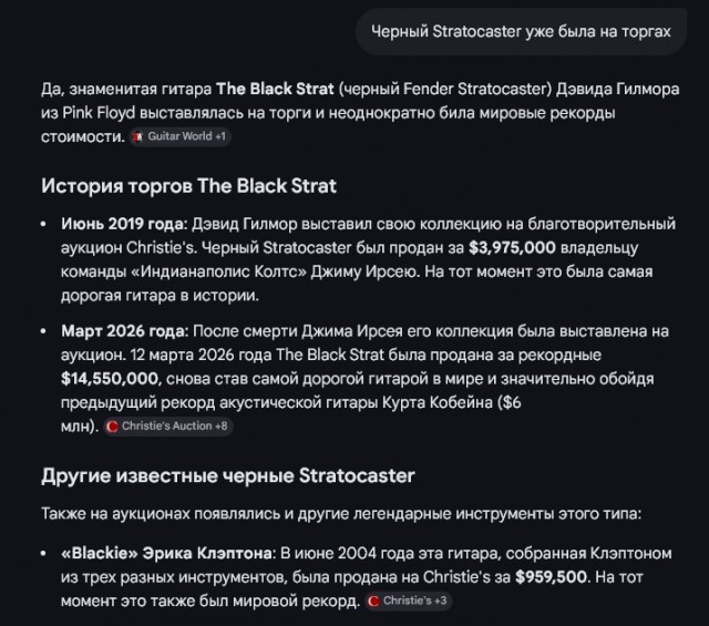 Самая дорогая гитара в мире. «Черный Stratocaster» Дэвида Гилмора из Pink Floyd продан за $14,6 млн