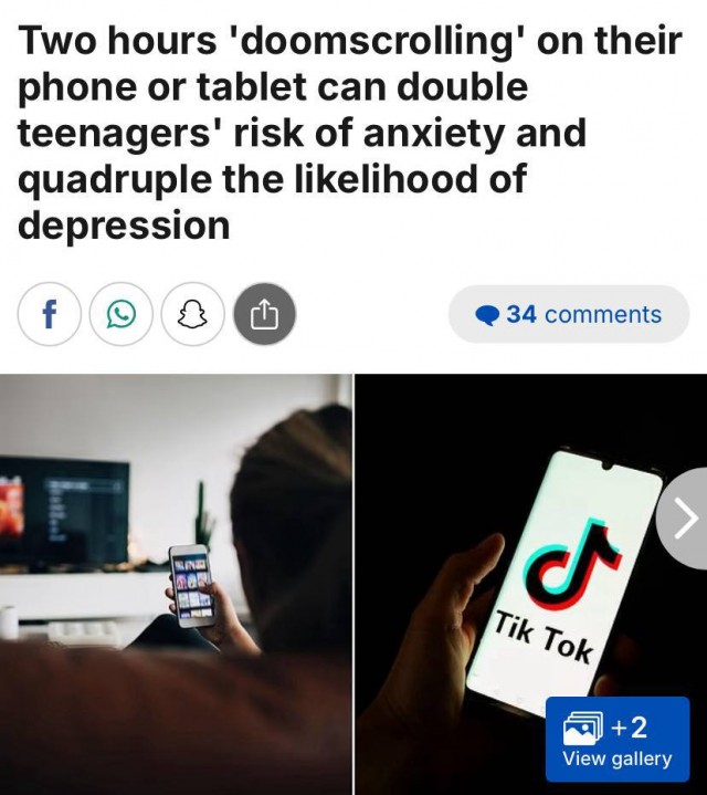 Всего 2 часа соцсетей в день вдвое увеличивают тревожность и вчетверо - вероятность развития депрессии у подростков