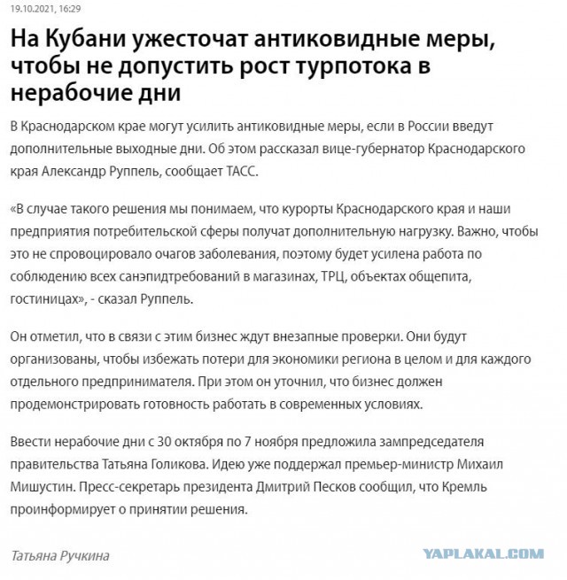 Голикова предложила объявить с 30 октября по 7 ноября нерабочие дни