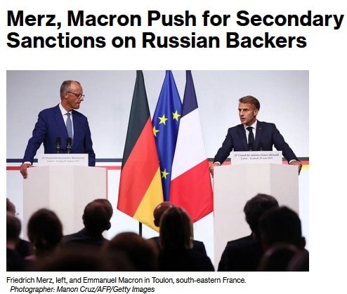 Мерц и Макрон призвали ЕС ввести новые антироссийские санкции, — Bloomberg.