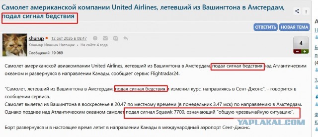 Самолет американской компании United Airlines, летевший из Вашингтона в Амстердам, подал сигнал бедствия