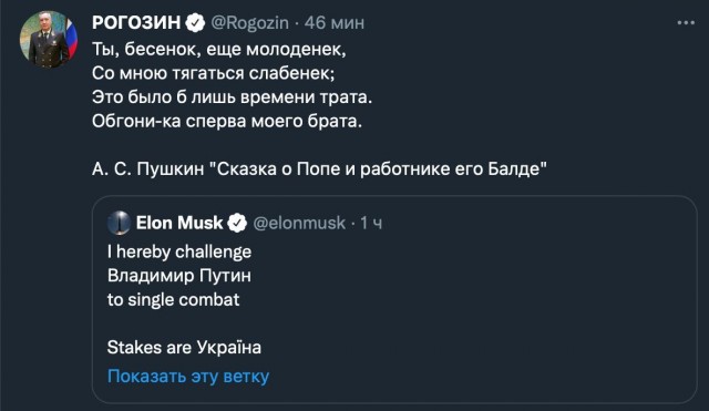 Американский миллиардер Илон Маск заявил, что вызывает президента РФ Владимира Путина на поединок, а ставкой будет Украина