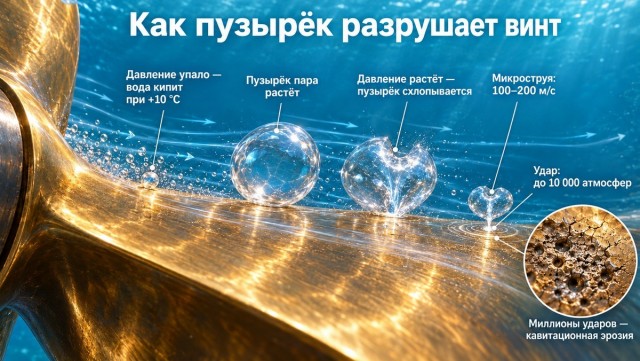 Как вода «съедает» корабельный винт — и откуда у пузырьков такая сила