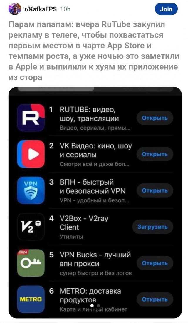 Приложение RuTube пропало из AppStore