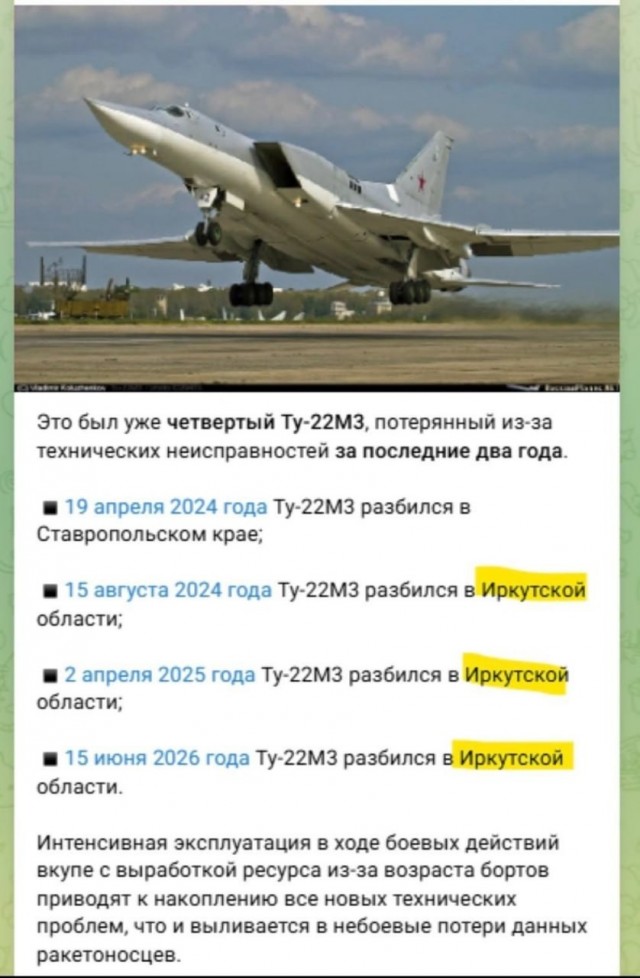 Ту-22М3 потерпел крушение в Иркутской области, экипаж катапультировался