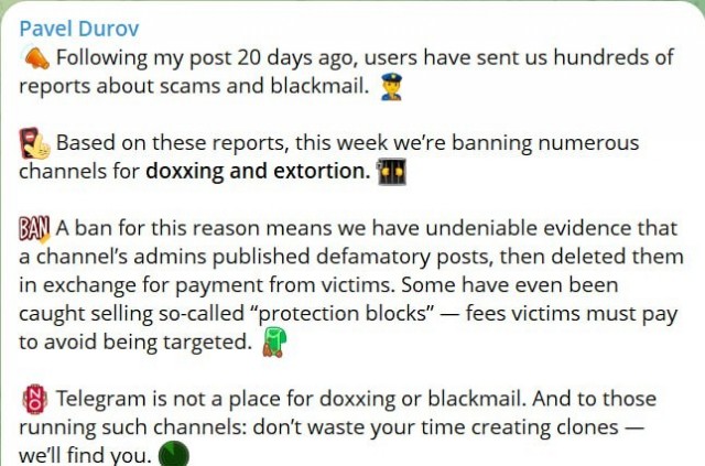 Telegram начал блокировать каналы, публикующие личную информацию пользователей