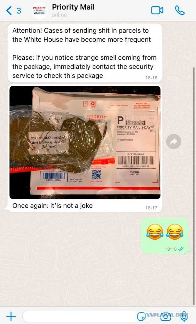 В сеть утекла забавная переписка об учащенных случаях доставки г*вна к стенам Белого Дома, видимо для бедолаги Байдена