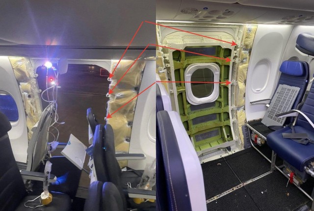 На высоте 5 тысяч метров у самолёта авиакомпании Alaska Airlines отвалилась аварийная дверь и часть фюзеляжа