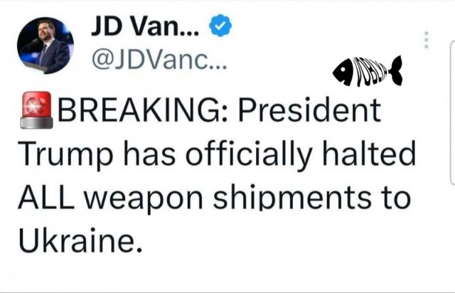 Вице-президент США Дж. Вэнс написал, что Трамп прекратил все поставки оружия украинскому режиму