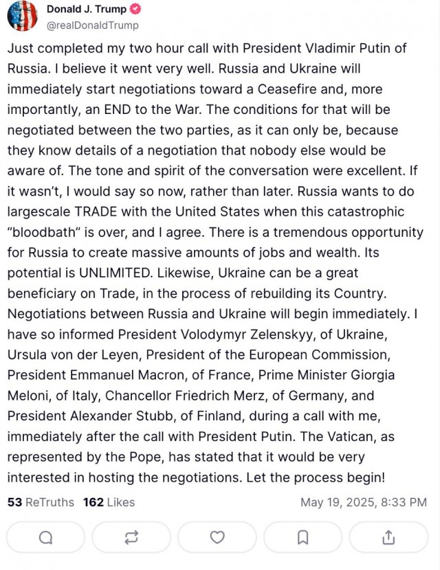 Заявление Трампа по итогу разговора с Путиным