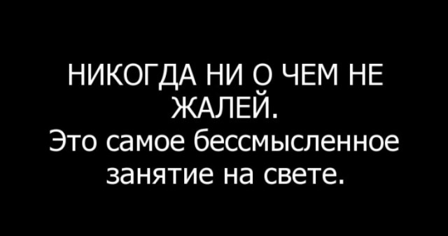 Хотя бы потому что. Не надо ни о чем жалеть. Не жалей. Никогда не жалей о сделанном. Никогда ни о чем не жалей хотя бы потому что это бессмысленно.