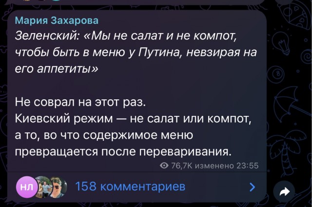 Захарова ответила Зеленскому о «салате»