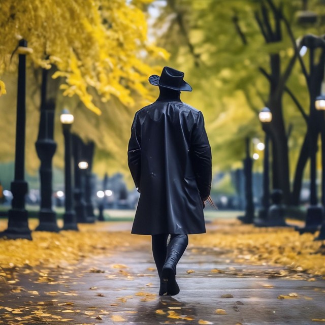 мужчина в кожаном пальто и шляпе смотрит вдаль