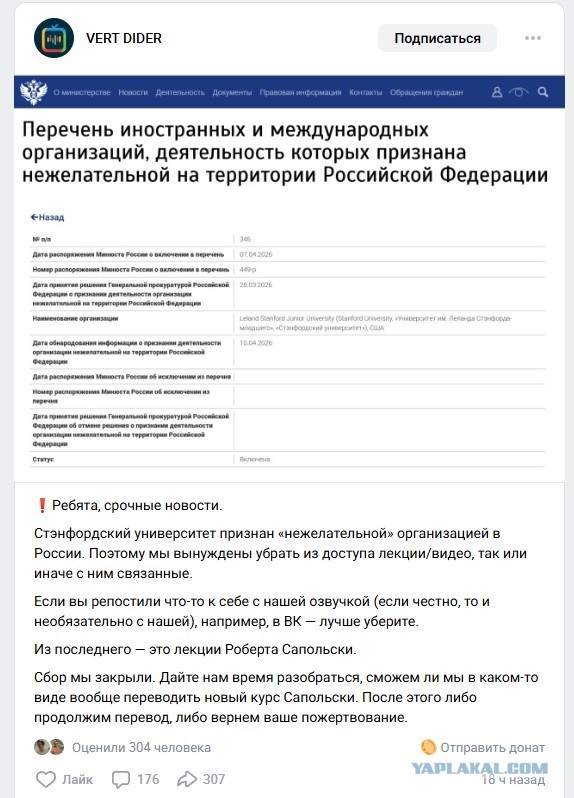 Стэнфордский университет признали «нежелательной» организацией в России