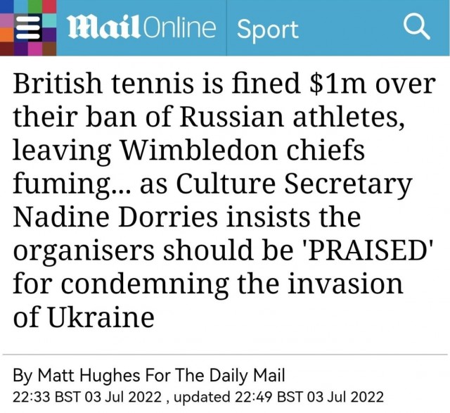 Организаторов британского Уимблдона оштрафовали на $1 млн за недопуск на турнир российских и белорусских спортсменов