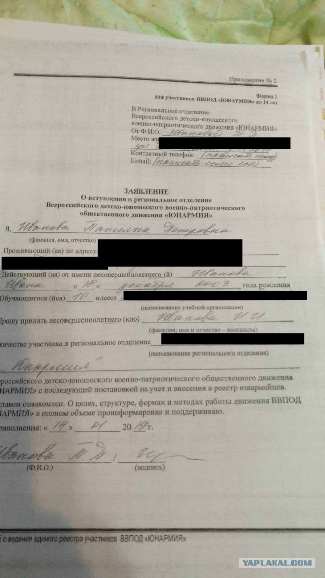 Юнармия. Ребенок в добровльно-принудительном порядке принес на заполнение документы на вступление.