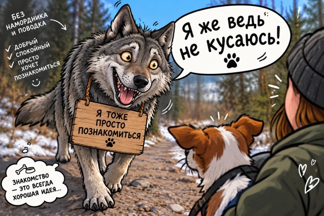 Волк бежал за дамой с собакой по двору в Дружной Горке (Ленобласть)