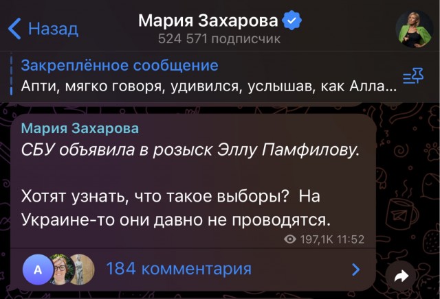 Украина  объявила в розыск Эллу Памфилову