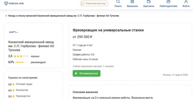 На казанском авиазаводе «Туполева» фрезеровщику предлагают зарплату в четыре раза больше, чем инженеру
