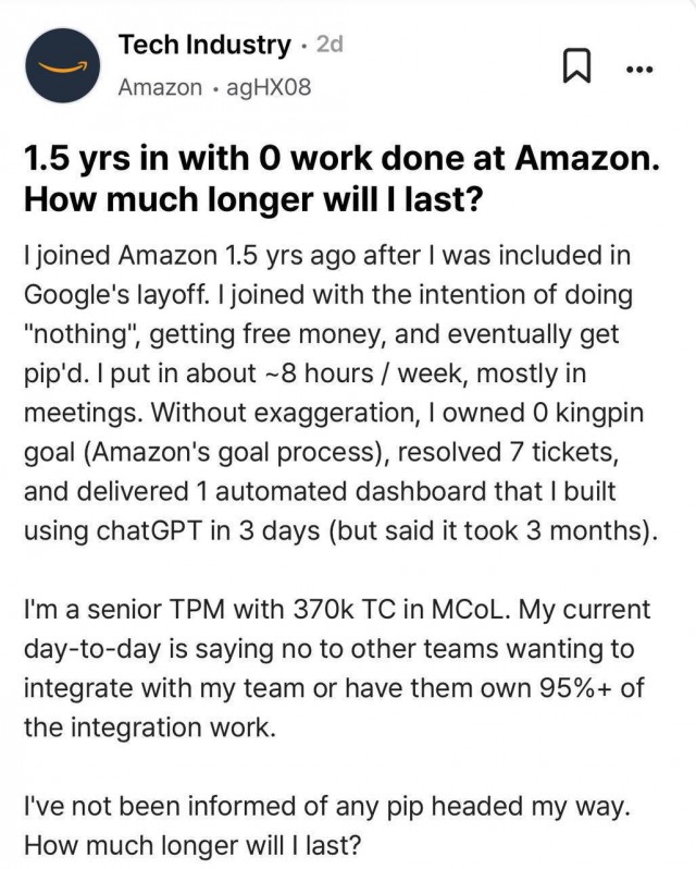 Сотрудник Amazon похвастался, что заработал в компании 500 тысяч долларов за полтора года, не сделав ни одной задачи
