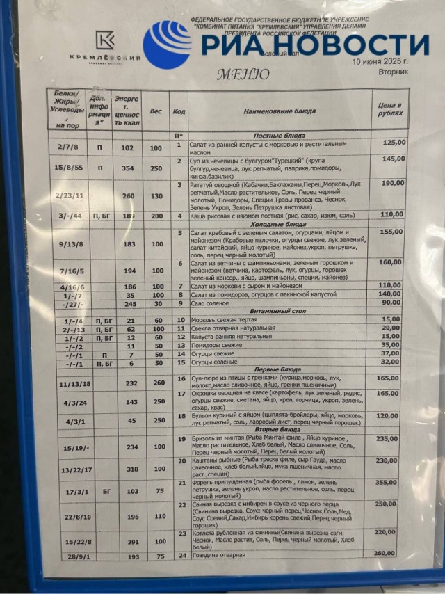 Самое дешёвое блюдо в столовой Госдумы стоит 15 рублей