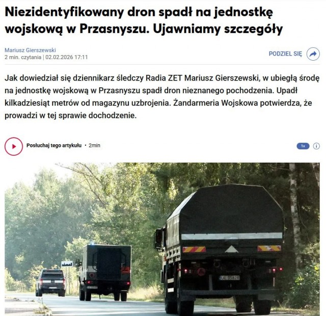 Дрон неизвестного происхождения упал на территории военной базы в Польше