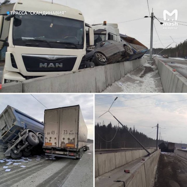 На трассе "Скандинавия" гружёные фуры зажали и подкинули кроссовер, а затем один из грузовиков протаранил дорожный барьер и влетел в фонарь