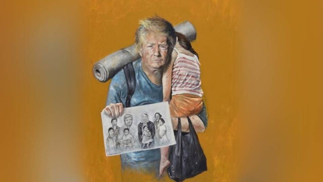 Художник из Сирии представил Трампа, Меркель и других политиков в образе беженцев