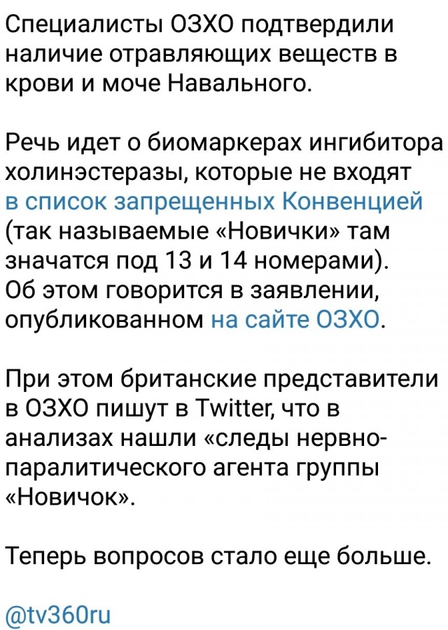 В ОЗХО подтвердили наличие «Новичка» в анализах Навального