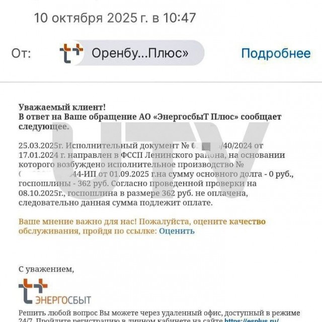 Оренбуржец получил требование от пристава оплатить долг «Энергосбыту» — 0 рублей, а к нему — госпошлину и сбор на 1362 рубля