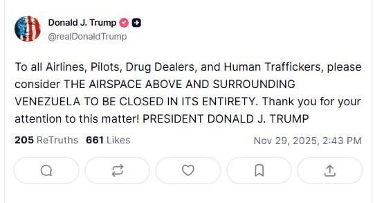Трамп объявил о закрытии неба над Венесуэлой