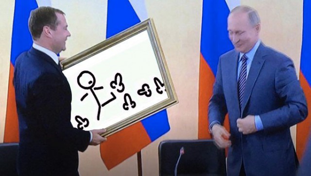 Путин подарил Медведеву на день рождения картину "В цеху"