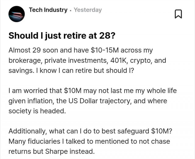 В США айтишник накопил к 28 годам 10 миллионов долларов, чтобы раньше уйти на пенсию, но... переживает что ему не хватит