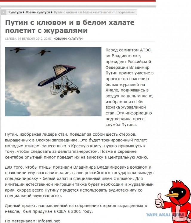 Путин с клювом в халате возглавил журавлиный клин
