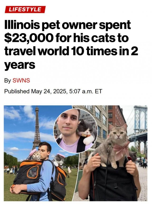 Парень из Иллинойса взял в кругосветку своих котов и потратил на них более $23.000 (~1,8 млн рублей).
