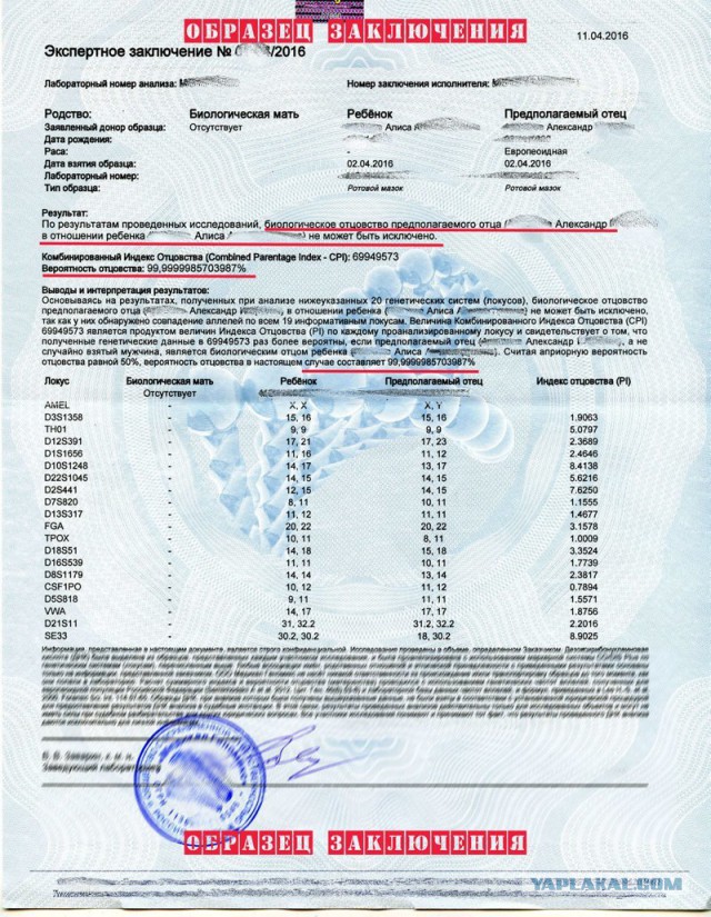 Вероятность отцовства равна 0