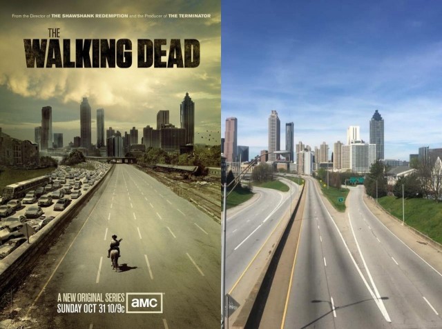 Постер сериала «Ходячие мертвецы» и город Атланта во время карантина