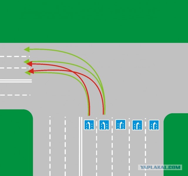 Поворот налево с 2-х рядов в 4-ре ряда