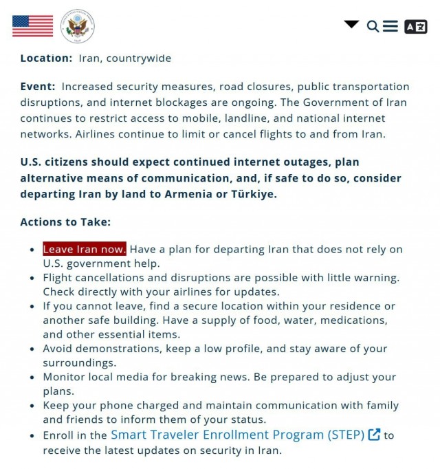 Власти США призвали граждан страны незамедлительно покинуть Иран