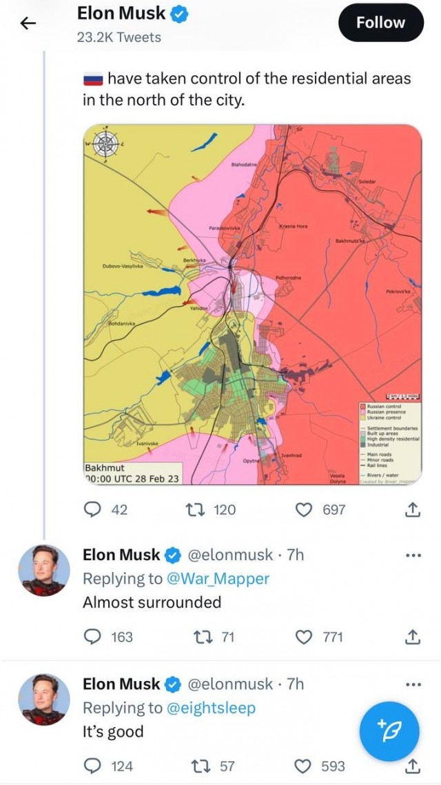 Илон Маск написал в твиттере, что Бахмут практически окружен, и «это хорошо»